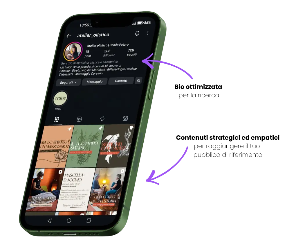 Mockup di un feed Instagram professionale curato da [Tuo Nome], Social Media Manager a Pinerolo, che mostra coerenza visiva e un piano editoriale strategico per un cliente locale.