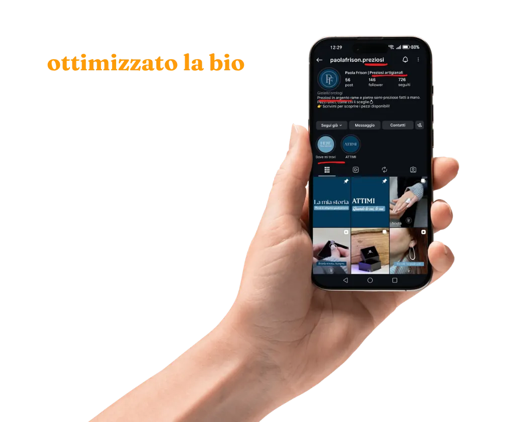 Esempio di ottimizzazione bio su Instagram per aumentare la visibilit&agrave;: come farsi trovare su Instagram e TikTok attraverso l'uso di parole chiave strategiche nel profilo.