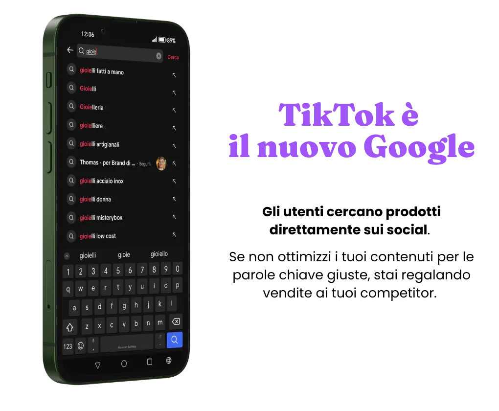 Mockup di uno smartphone che mostra come farsi trovare su Instagram e TikTok tramite la barra di ricerca e i suggerimenti SEO per gioielli artigianali.